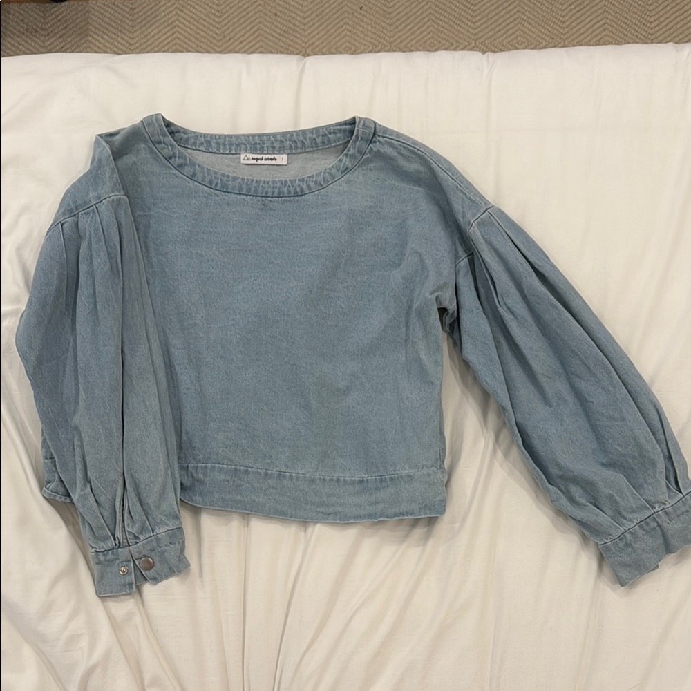 Blue Denim Long Sleeve Top - Balloon Sleeves
